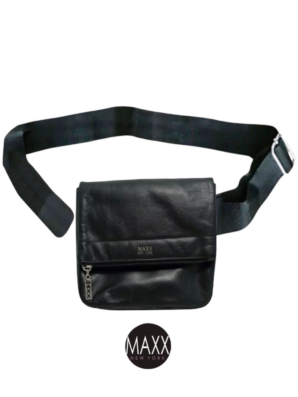MAXX New York Black Leather Fanny Pack / Adjustable Belt Bag. NEW/Unused No Tags